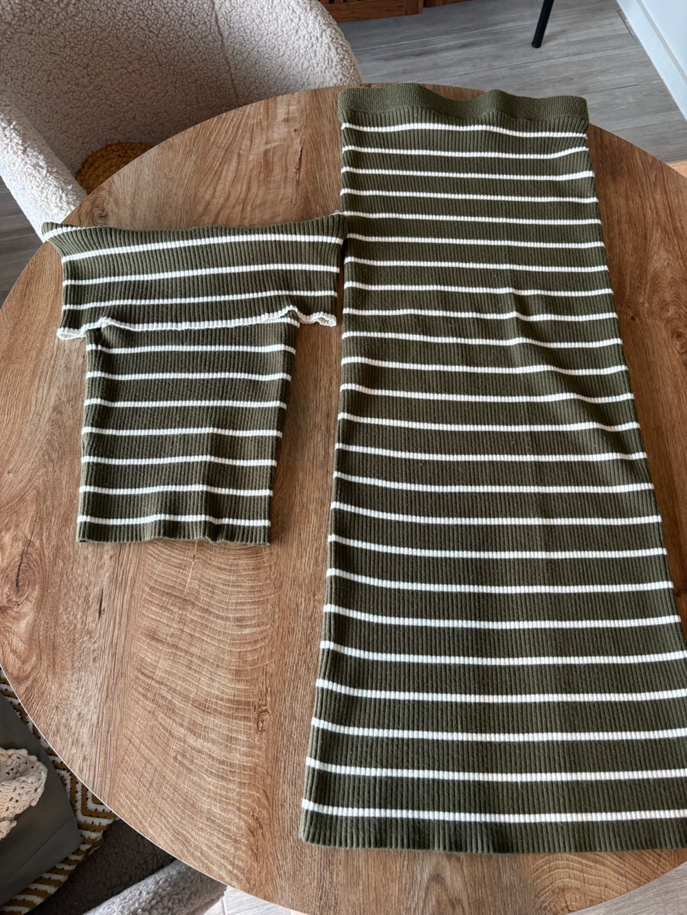 Off-Shoulder Olive Green & White Striped Midi Dress